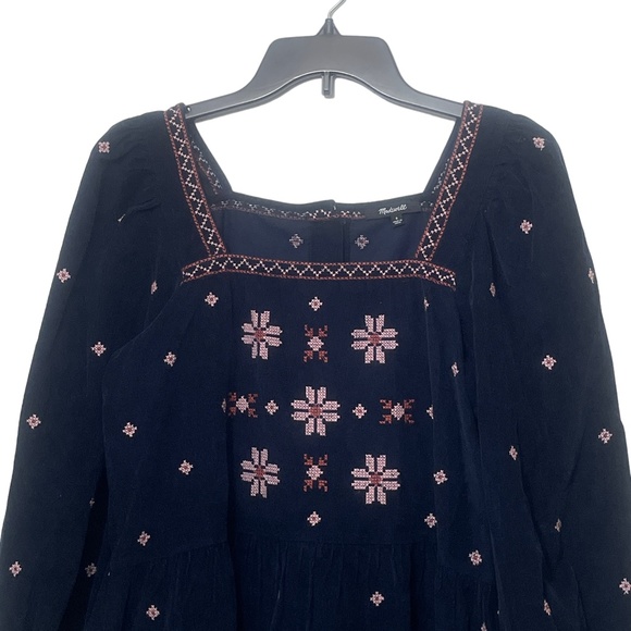 Madewell Small Corduroy Navy Peasant Top Cross Stitch Embroidered 100% Cotton - Picture 6 of 7